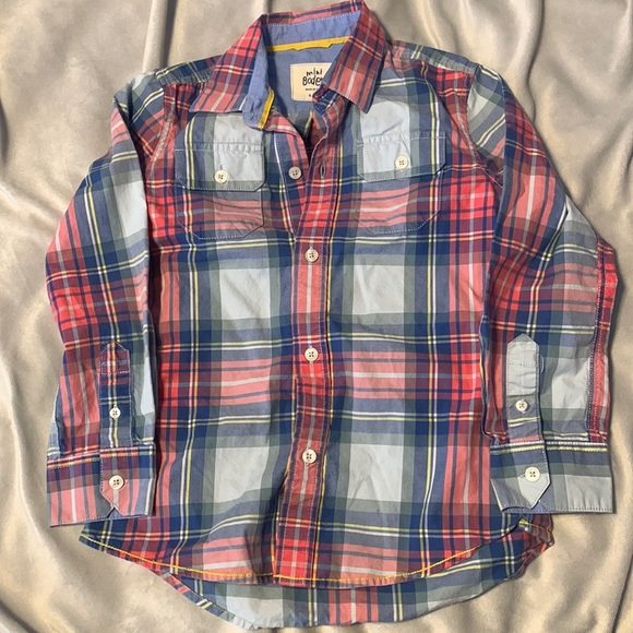 Mini Boden size 6-7 boys double breasted button down plaid cotton shirt red blue - Picture 1 of 4